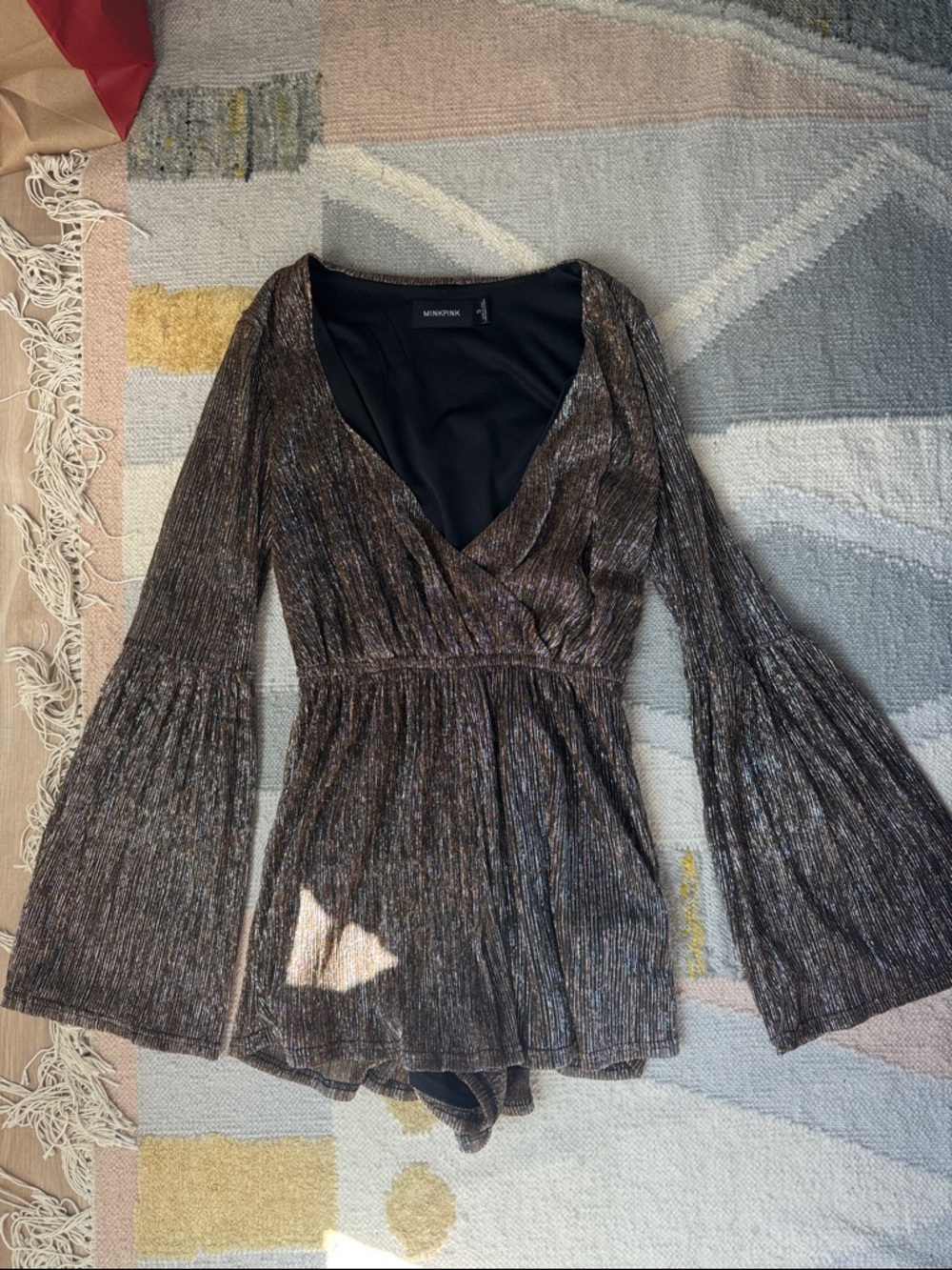 MINKPINK Metallic Bronze V-Neck Bell Sleeve Romper